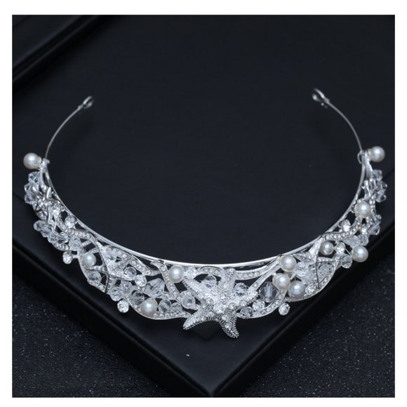Silver Crystals, Pearls, Beads Hand Decorated Starfish Beach Wedding Tiara NWT - Picture 3 of 9